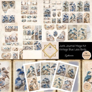 Kit de journal Mega Junk « Oiseaux bleus » 98 pièces oiseaux, papiers imprimables, étiquettes, éphémères, cartes, kit folio créations en papier, feuille de collage 11 x 8,5