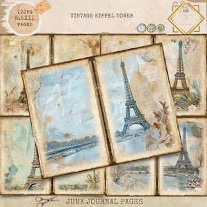 Imprimible de diario basura, Papeles de diario basura vintage de la Torre Eiffel, Diario basura con paisajes de París, Diario basura vintage, Kit digital, Manualidades de papel