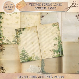 Diario dei rifiuti stampabile, pagina di diario a righe con foresta, diario dei rifiuti della foresta, kit digitale per diario dei rifiuti vintage da giardino, diario vintage stampabile