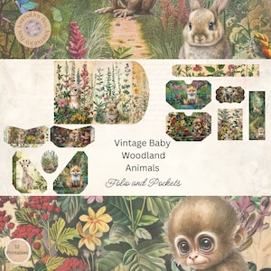 May include: A set of 12 printable digital papers featuring vintage baby woodland animals in a whimsical forest setting. The papers are perfect for scrapbooking, card making, and other paper crafts.