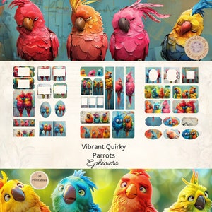 Schrullige Papageien Ephemera Karten, 38 Mini-Extras Pack, Vögel zum ausdrucken, Papiermodell, Digitale Collage, 11 x 8,5, Quirky Birds Journal