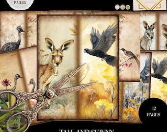 Australian Wildlife Tall & Skinny Junk Journal Pages, Vintage Kangaroo, Koala, Cockatoo and Native Flora Printable Nature Scrapbook Ephemera