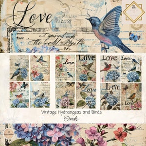 Vintage hortensias et Love Birds, cartes de visite indésirable, 12 cartes, hortensias imprimables éphémères, créations en papier, collage numérique, 11 x 8,5,