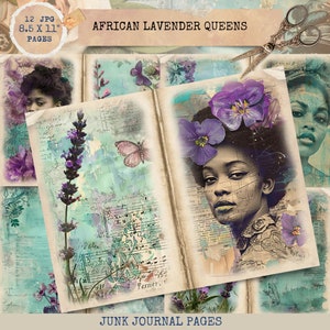 Afro-Amerikaanse lavendel vrouw ongewenste dagboekpagina's, digitaal plakboekpapier, Shabby Chick afdrukbaar, collageblad, American Woman Papers