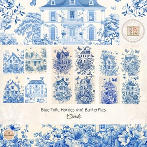 Blue Toile Homes Butterfly's Junk Journal Cards, 12 carte, Effimeri stampabili, Creazioni con la carta, Collage digitale, 11 x 8,5, Carte da giardino francesi
