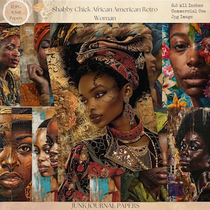 Pagine di diario con donna retrò afroamericana, carta per scrapbooking digitale, stampabile Shabby Chick, foglio per collage, carta per donna retrò americana