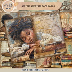 Pagine di diario per bambini afroamericani, carta per album digitali, carta stampabile per bambini topi di biblioteca, documenti, materiale effimero americano, carta digitale