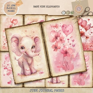 Diário de sucata para imprimir, diário de elefante rosa para bebê, papéis de diário de sucata para menina, diário de elefante rosa, álbum de recortes de memórias