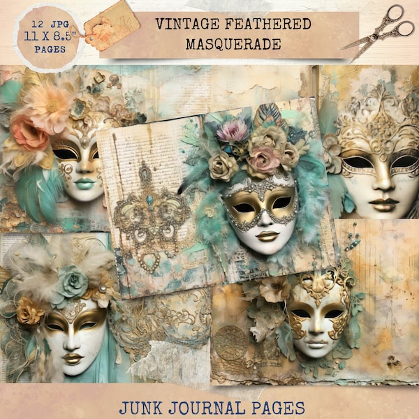 Junk Journal Printable, Masquerade Ephemera, Vintage Journal Pages, Carnival Mask Junk Journal, Junk Journal Digi Kit, Mardi Gras Journal