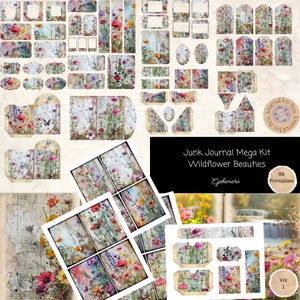 Kit de journal méga indésirable « Fleurs sauvages » 98 pièces fleurs sauvages, papiers imprimables, étiquettes, documents éphémères, cartes, kit folio créations en papier, feuille de collage 11 x 8,5