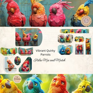 Quirky Birds Junk Journal Folio Printable Bundle, 12 Piece Mix & Match Quirky Parrots Ephemera, Paper Craft, 11 x 8.5, Printable Parrots
