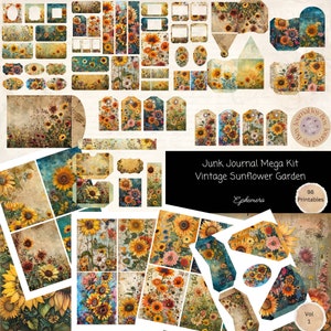 Mega Junk Journal Kit "Sunflower" 98 Piece Sunflower Printable Papers, Tags, Ephemera, Cards, Folio Kit Paper Craft, Collage Sheet 11 x 8.5