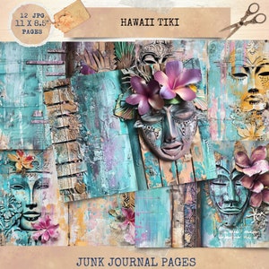 Junk Journal stampabile, carte per diario con maschera tiki hawaiana, Shabby Chick Junk Journal, kit digitale per diario Junk Hawaii, diario stampabile