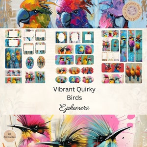 Schrullige Vögel Ephemera Karten, 38 Mini-Extras Pack, schrullige Vögel druckbare Ephemera, Papiermodell, digitale Collage, 11 x 8,5, Vogel Journal