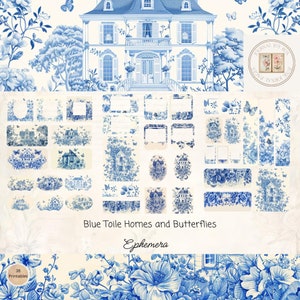 Blue Toile Homes and Butterfly&#39;s Junk Journal Ephemera Cards, 38 Extras Pack, Shabby Chic Printable Ephemera, Paper Craft, 11 x 8.5