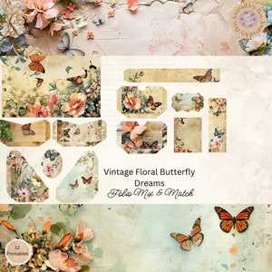Butterfly and Floral Junk Journal Folio Printable Bundle, 12 Piece Mix & Match Butterfly Ephemera, Paper Craft, 11 x 8.5, Floral Ephemera
