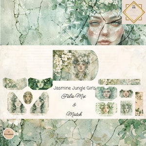 Jasmine Flower Girl Junk Journal Folio Printable, 12 Piece Mix & Match Garden Girl Pockets, Printable Ephemera, Digital Crafts, 11 x 8.5