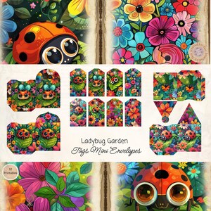 Etichette colorate per diario spazzatura da giardino con coccinella e mini buste, effimeri stampabili con fiori di coccinella, creazione di carta, 11 x 8,5, tecnica mista
