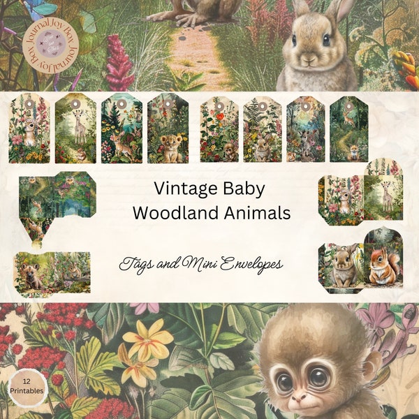 Woodland Baby Animals Junk Journal Tags And Mini Envelopes, Baby Animal Printable Ephemera, Paper Craft, Scrapbooking 11 x 8.5, Mixed Media