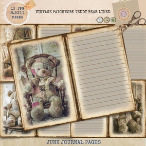 Diario dei rifiuti a righe stampabile, diario dei rifiuti a forma di orsacchiotto patchwork, carta per diario dei rifiuti a forma di orsacchiotto, diario dei ricordi a righe, effimeri vintage a righe