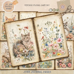 Afdrukbaar junkjournaal, vintage kattendagboekpapier, Lazy Cat Journal Digi Kit, Digital Craft, Flower Cat Junk Journal, kattendagboekpapier,