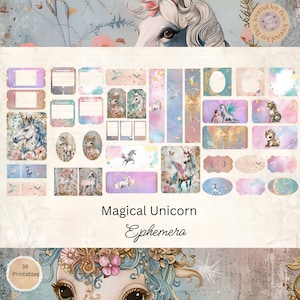Unicorn Ephemera Cards, 38 Mini Extras Pack, Magical Unicorn Printable Ephemera, Paper Craft, Digital Collage, 11 x 8.5, Fantasy Journal