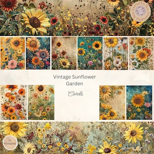 Vintage Sunflower Junk Journal Cards, 12 Cards, Sunflower Printable Ephemera, Paper Craft, Digital Collage, 11 x 8.5, Sunflower Portraits