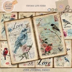 Junk Journal Printable, Vintage Love Birds Journal Papiere, Love Birds Junk Journal, Vögel Printable Junk Journal Digi Kit, Digital Crafts