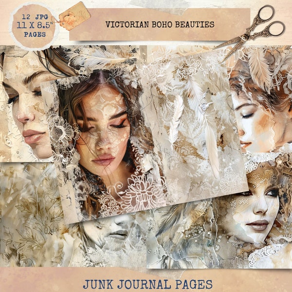 Junk Journal Printable, Victorian Boho Beauties Journal Papers, Boho Junk Journal , Vintage Junk Journal Digi Kit, Digital Crafts