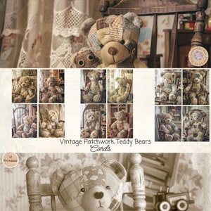 Cartes vintage patchwork ours en peluche, 12 cartes, documents éphémères imprimables, créations en papier, collage numérique, 11 x 8,5, cartes ours en peluche