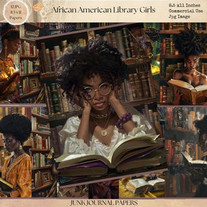 Pagine di diario "Donna africana" della biblioteca, carta per album digitale, stampabile "Donna che legge", foglio per collage, carta per donna americana