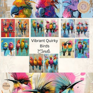 Quirky Birds Junk Journal Cards, 12 Cards, Quirky Birds Printable Ephemera, Paper Craft, Digital Collage, 11 x 8.5,Vibrant Bird Portraits