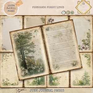 Diario di scarto stampabile, pagina di diario a righe Fern Shade, diario di scarto Forest, kit digitale di diario di scarto a righe vintage, diario stampabile vintage