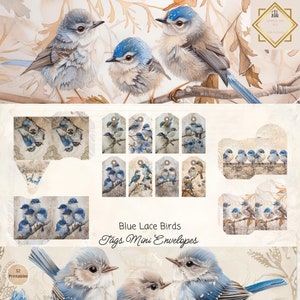 Blauer Vogel Junk Journal Tags und Mini Umschläge, blauer Spitzenvogel zum ausdrucken, Papiermodelle, Scrapbooking 11 x 8,5, Mixed Media