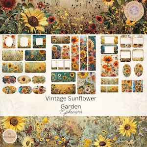 Sunflower Ephemera Cards, 38 Mini Extras Pack, Sunflower Printable Ephemera, Paper Craft, Digital Collage, 11 x 8.5, Birds Journal