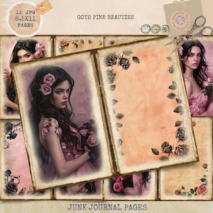 Journal imprimable Junk Journal, Goth Pink Beauties Junk Journal, Papiers pour carnet de notes fille, Pages imprimables de journal rose rose fille, Pages gothiques fille