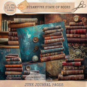 May include: A collage of images featuring stacks of vintage books with steampunk elements, including gears, clockwork, and a globe. The text "STEAMPUNK STACK OF BOOKS" and "JUNK JOURNAL PAGES" is visible in the image.