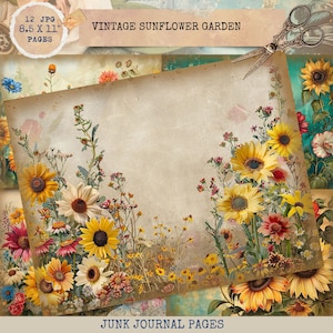 Junk Journal Printable, Sunflower Journal, Vintage Sunflower Garden Journal Papers, Flower Junk Journal , Vintage Junk Journal, Digi Kit
