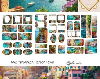 Mediterranean Harbor Town Ephemera Cards, 38 Mini Extras Pack, Printable Ephemera, Paper Craft, Digital Collage, 11 x 8.5, Travel Journal