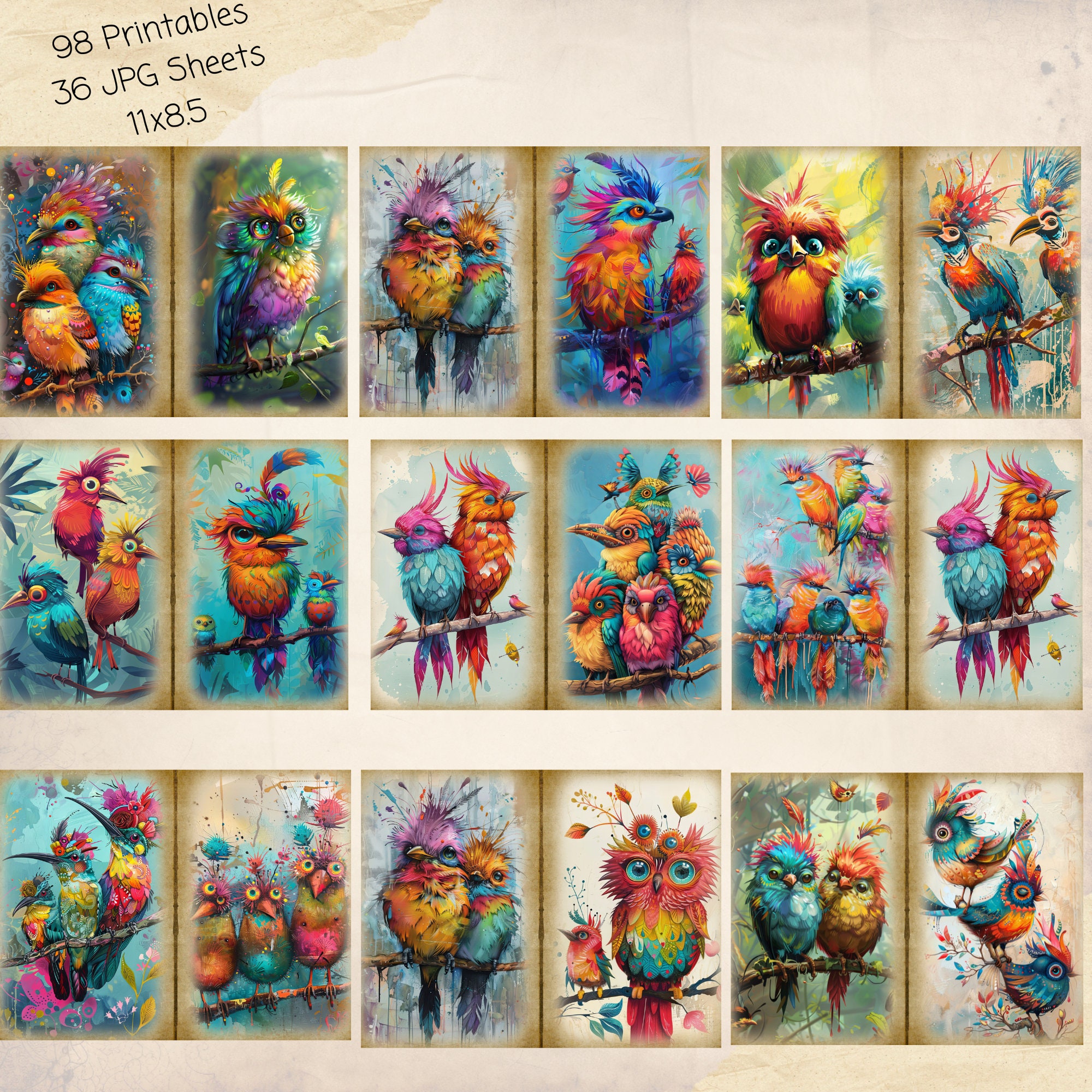 Mega Junk Journal Kit "quirky Birds" 98 Piece Birds Printable Papers ...