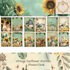 Vintage Sunflower Junk Journal Cards, 12 Cards, Spring Animal Printable Ephemera, Paper Craft, Digital Collage, 11 x 8.5, Sunflower Portrait