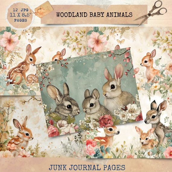 Junk Journal Printable, Woodland Baby Animals, Baby Animals Journal Papers, Junk Journal , Vintage Junk Journal Digi Kit, Printable Journal