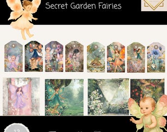 Secret Garden Fairies Tags & Mini Envelopes, Fairy Junk Journal Ephemera, Printable Vintage Cottagecore Tags, Fantasy Scrapbook Kit
