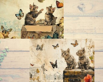 Block Printed Cats and Kittens Junk Journal Kit, Half Pages