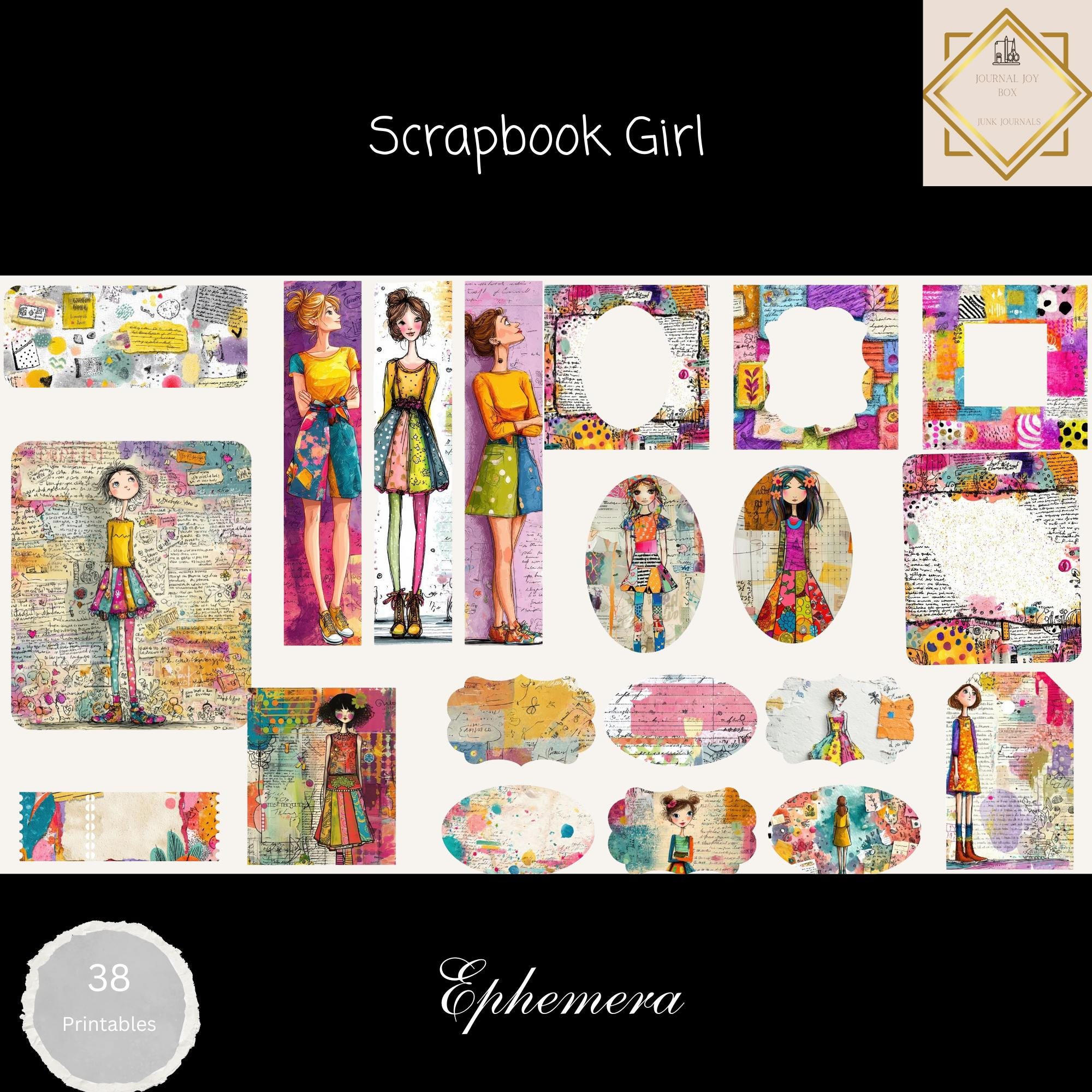 Scrapbook Girl Ephemera Set, Whimsical Junk Journal Printable, Mixed Media Collage Cards & Tags, Colorful Art Journal Ephemera Pack