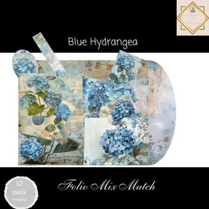 Blue Hydrangea Junk Journal Folio Printable Bundle, 12 Piece Mix & Match Flowers Ephemera, Paper Craft, 11 x 8.5, Blue Hydrangeas