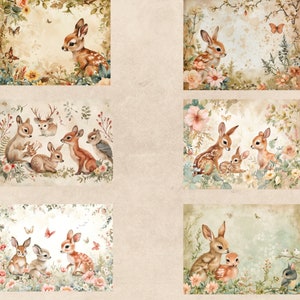 May include: A collage of six images featuring cute illustrations of deer and rabbits in a woodland setting. The images are surrounded by floral borders and have a vintage aesthetic.