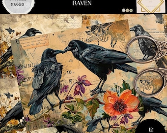 Black Raven Junk Journal, Vintage Crow Pages, Bird Junk Journal , Gothic Junk Journal, Digi Kit, Printable Journal, Digital Crafts