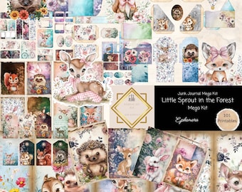 May include: A collection of printable ephemera for junk journals, featuring woodland animals like foxes, deer, and hedgehogs. The designs include floral accents and watercolor backgrounds. The text reads "Little Sprout in the Forest Mega Kit" and "101 Printables".