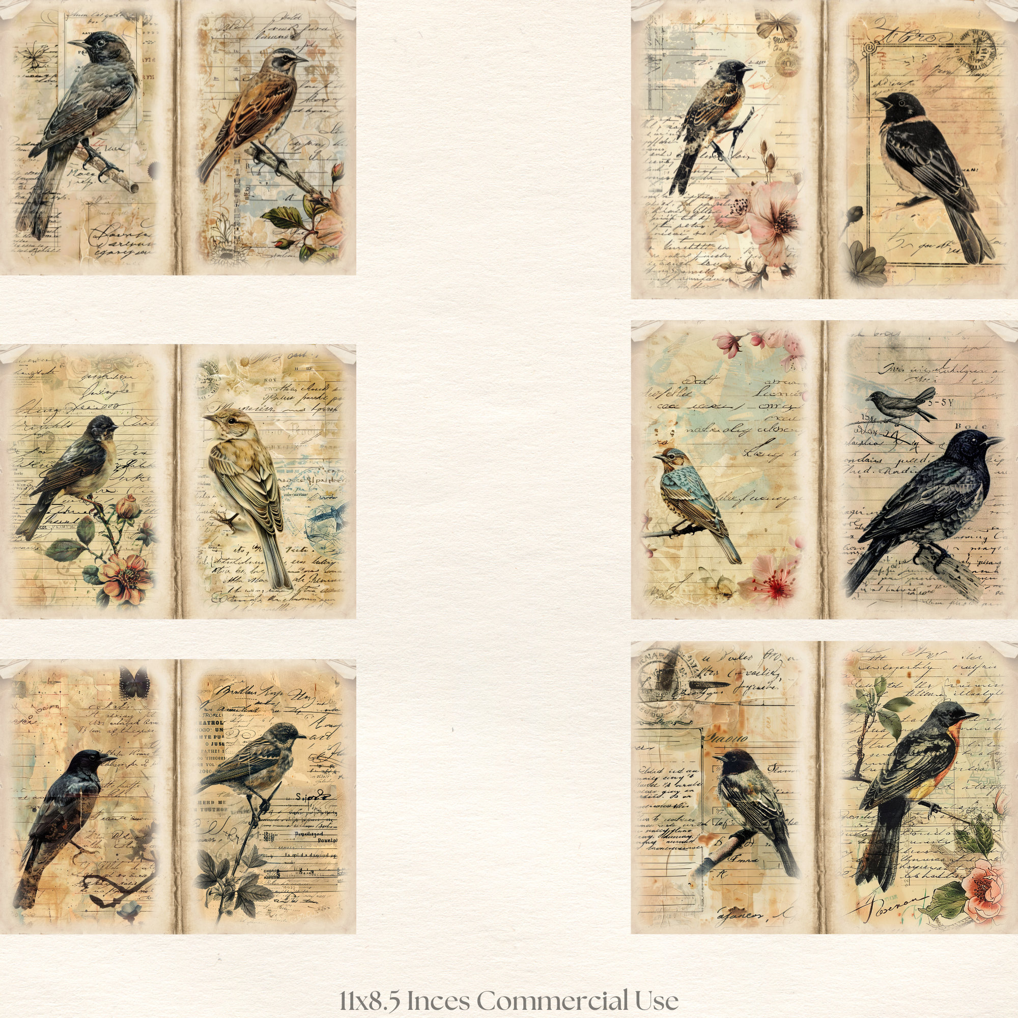 Vintage Antique Birds Junk Journal Pages, Digital Scrapbook Paper, Bird ...